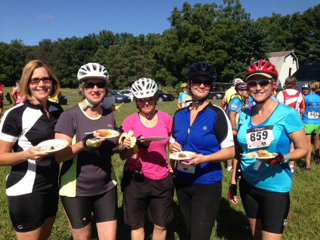 five ladies bikers eating pie eastern shore virginia