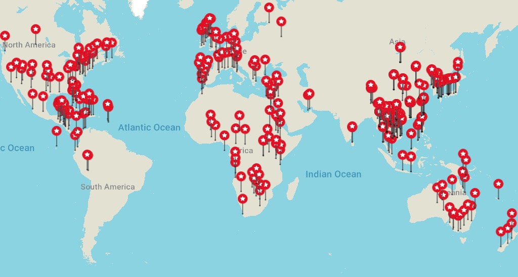map of the world with pins in places visited