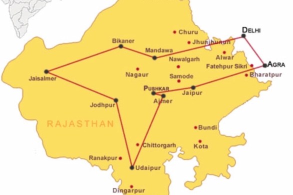 Map of major sites in Rajasthan India tour