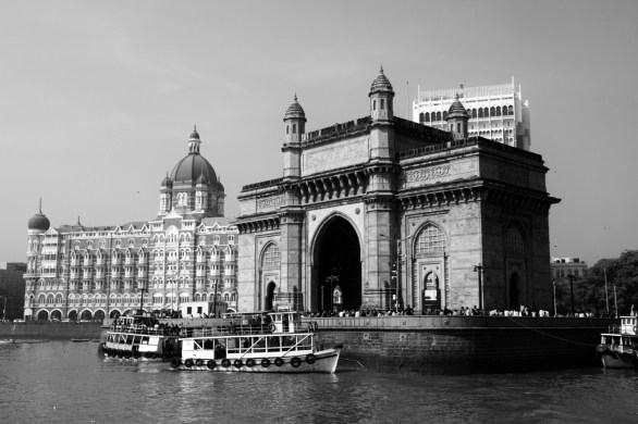 India Mumbai Arch Taj Palace Hotel black and white
