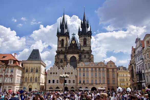 Main Square pointy church towers Prague Czech Slovakia