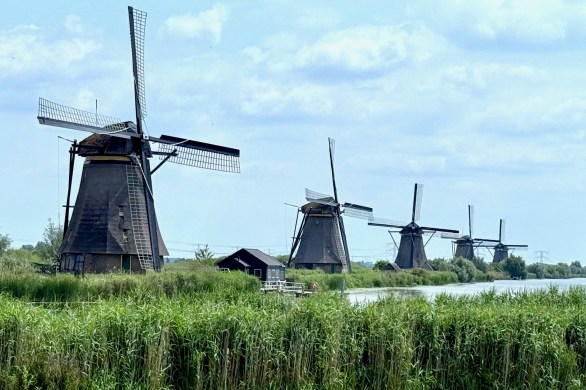 Windmills line a canal in the Dutch countryside